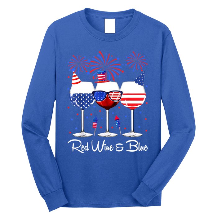 Red Wine & Blue 4th Of July Wine Red White Blue Wine Glasses Long Sleeve Shirt