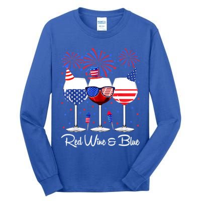 Red Wine & Blue 4th Of July Wine Red White Blue Wine Glasses Tall Long Sleeve T-Shirt
