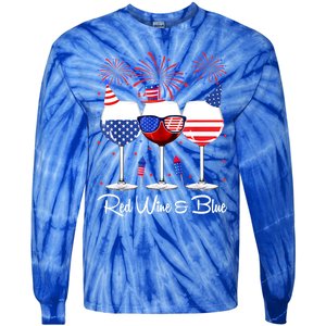 Red Wine & Blue 4th Of July Wine Red White Blue Wine Glasses Tie-Dye Long Sleeve Shirt