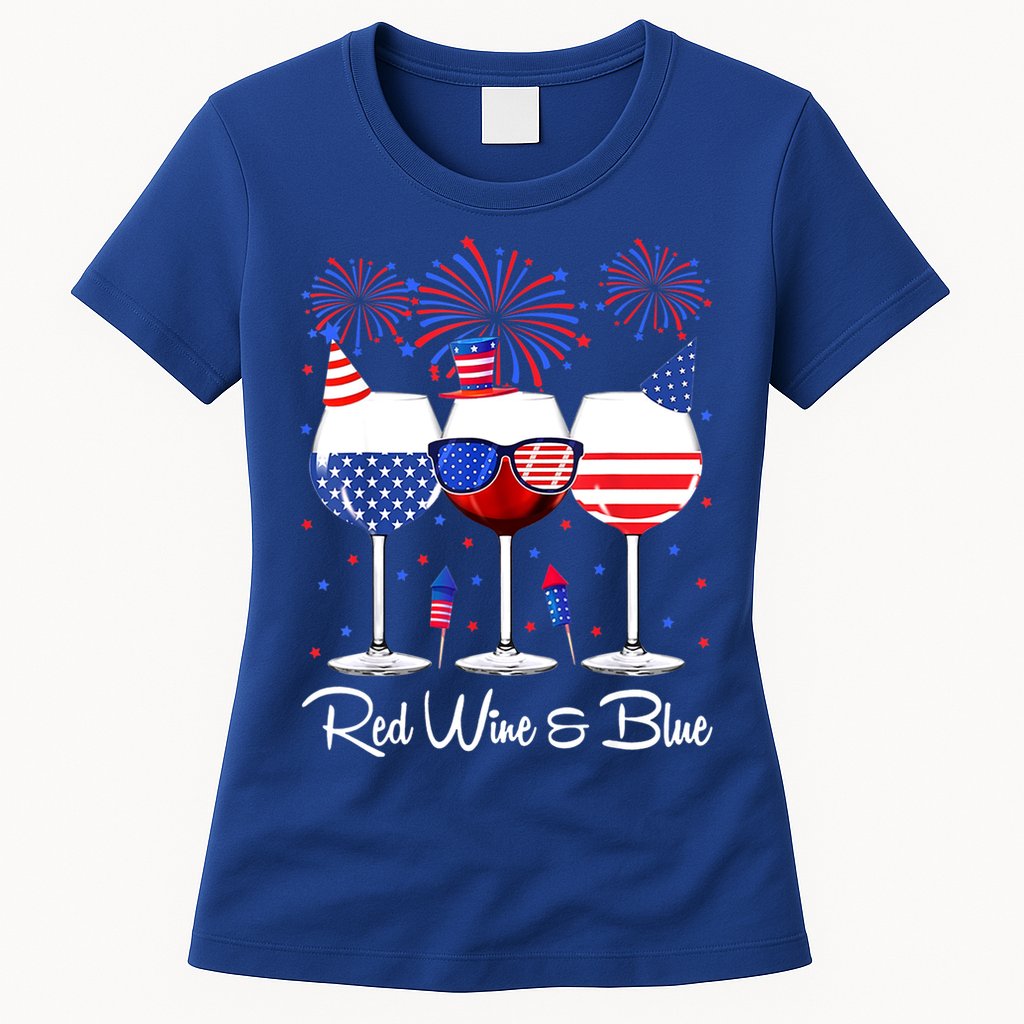 Red Wine & Blue 4th Of July Wine Red White Blue Wine Glasses Womens T-Shirt