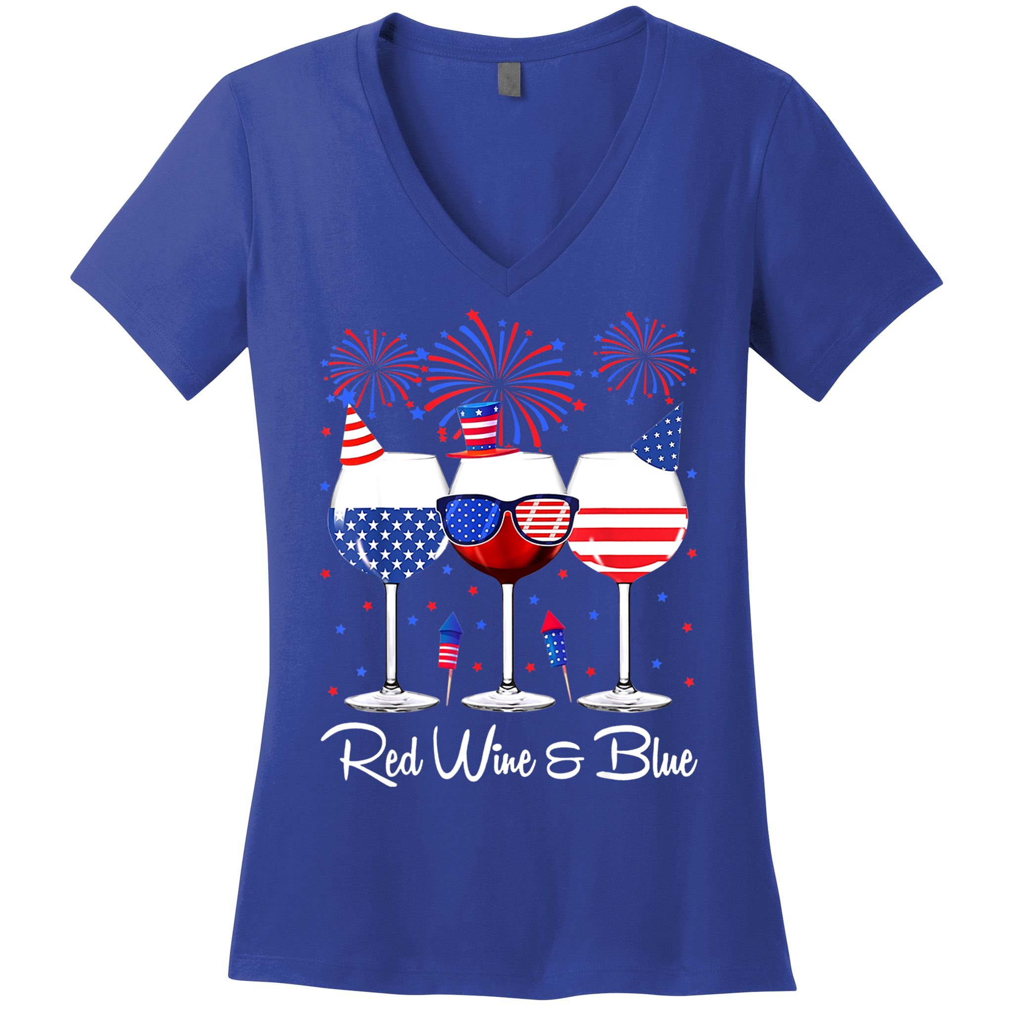 Red Wine & Blue 4th Of July Wine Red White Blue Wine Glasses Women's V-Neck T-Shirt