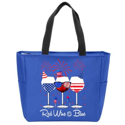 Red Wine & Blue 4th Of July Wine Red White Blue Wine Glasses Zip Tote Bag