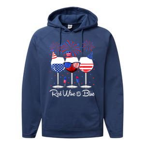 Red Wine & Blue 4th Of July Wine Red White Blue Wine Glasses Performance Fleece Hoodie