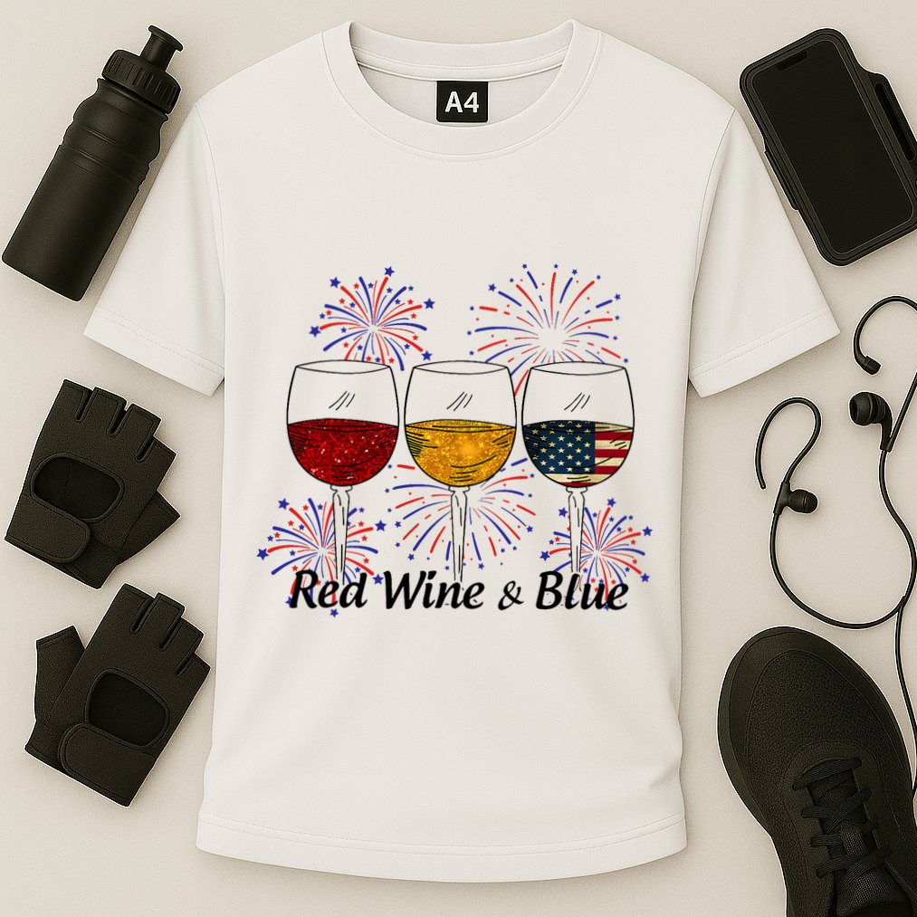 Red Wine & Blue 4th Of July Red White Blue Wine Glasses Cooling Performance Crew T-Shirt