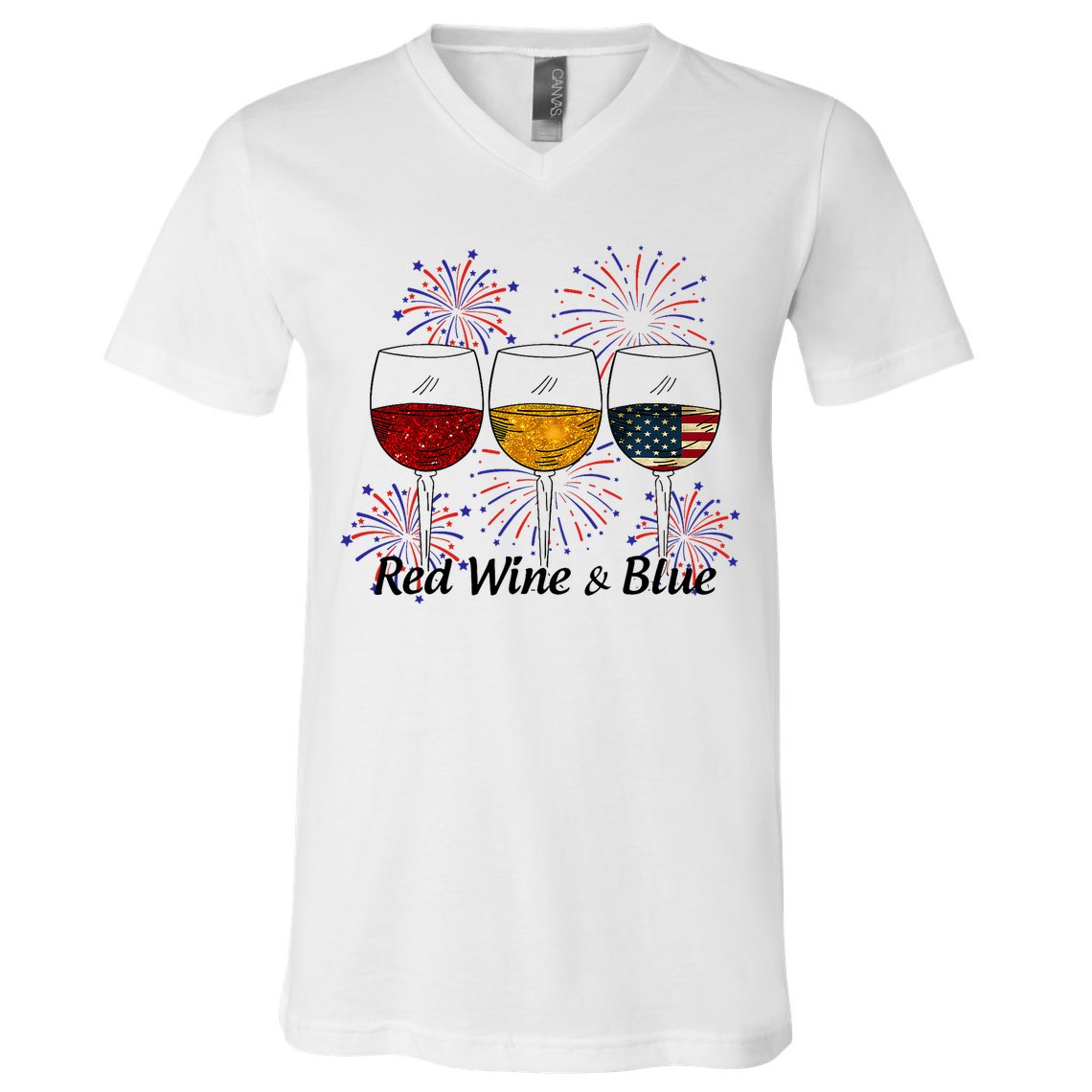 Red Wine & Blue 4th Of July Red White Blue Wine Glasses V-Neck T-Shirt