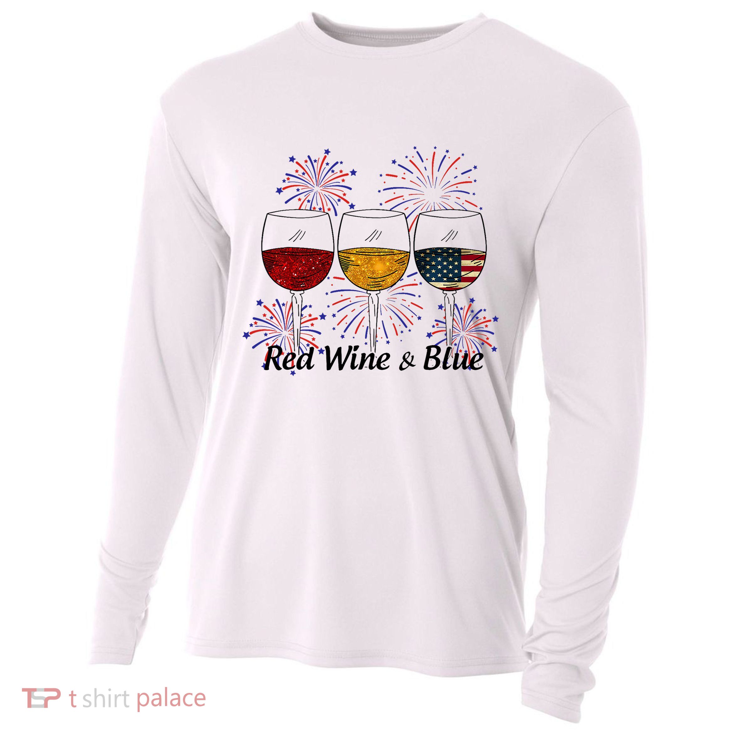 Red Wine & Blue 4th Of July Red White Blue Wine Glasses Cooling Performance Long Sleeve Crew