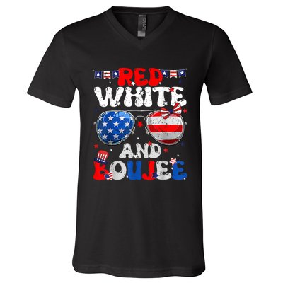 Red White & Boujee Summer Funny Drinking 4th Of July US Flag V-Neck T-Shirt