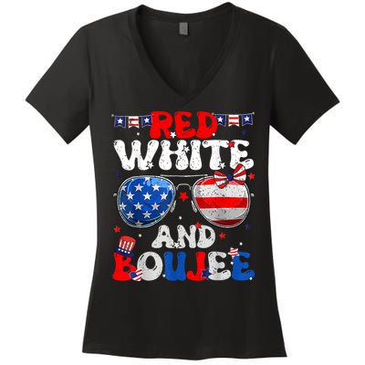 Red White & Boujee Summer Funny Drinking 4th Of July US Flag Women's V-Neck T-Shirt