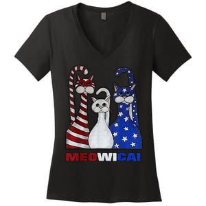 Red White Blue Cat USA Flag 4th Of July Patriotic Cat Lover Women's V-Neck T-Shirt