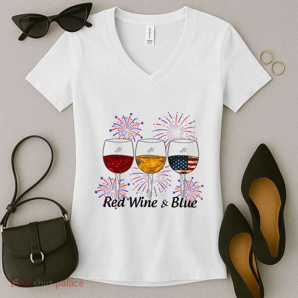 Red Wine & Blue 4th Of July Red White Blue Wine Glasses Women's V-Neck T-Shirt