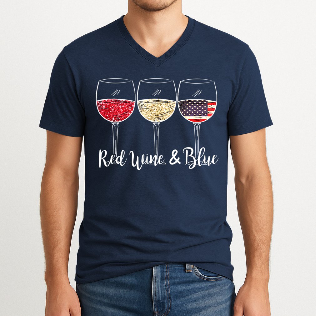 Red Wine & Blue 4th Of July Wine Red White Blue Wine Glasses V-Neck T-Shirt