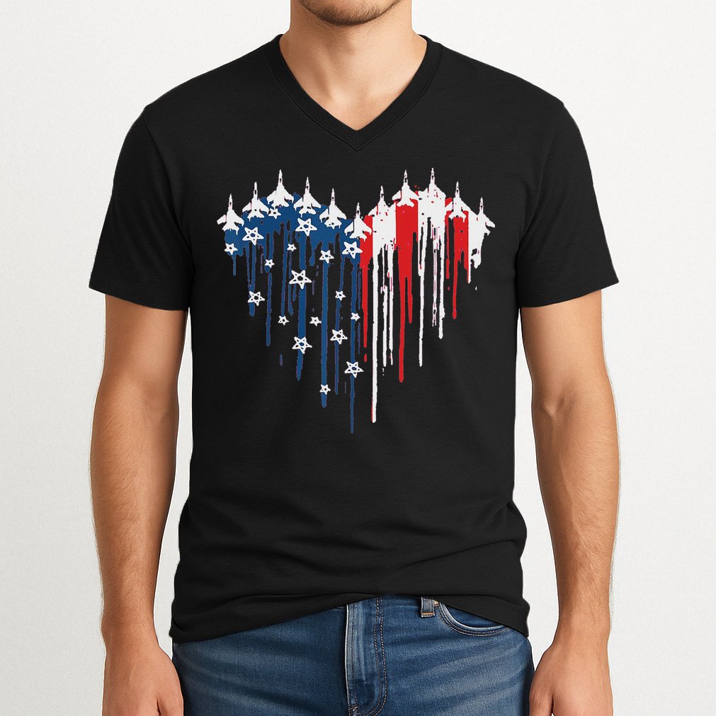Red White Blue Flyover 4th Of July American Flag V-Neck T-Shirt