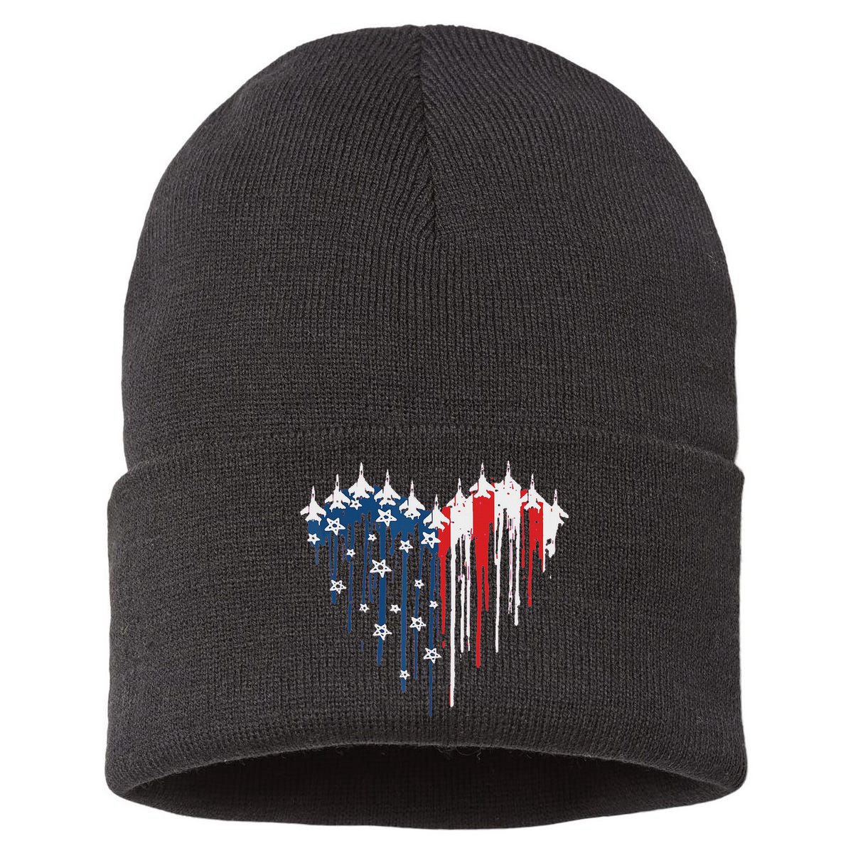 Red White Blue Flyover 4th Of July American Flag Sustainable Knit Beanie