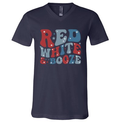 Red White & Booze Summer Funny Drinking 4th of July USA Flag V-Neck T-Shirt