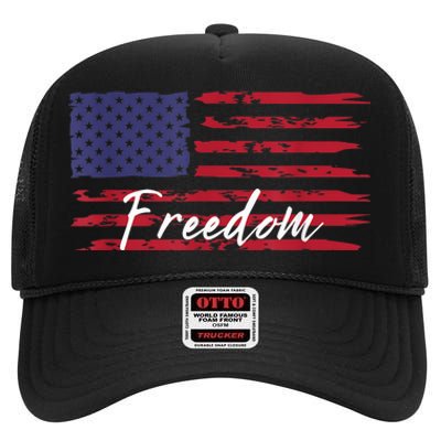 Red White Blue Freedom America USA Flag High Crown Mesh Back Trucker Hat