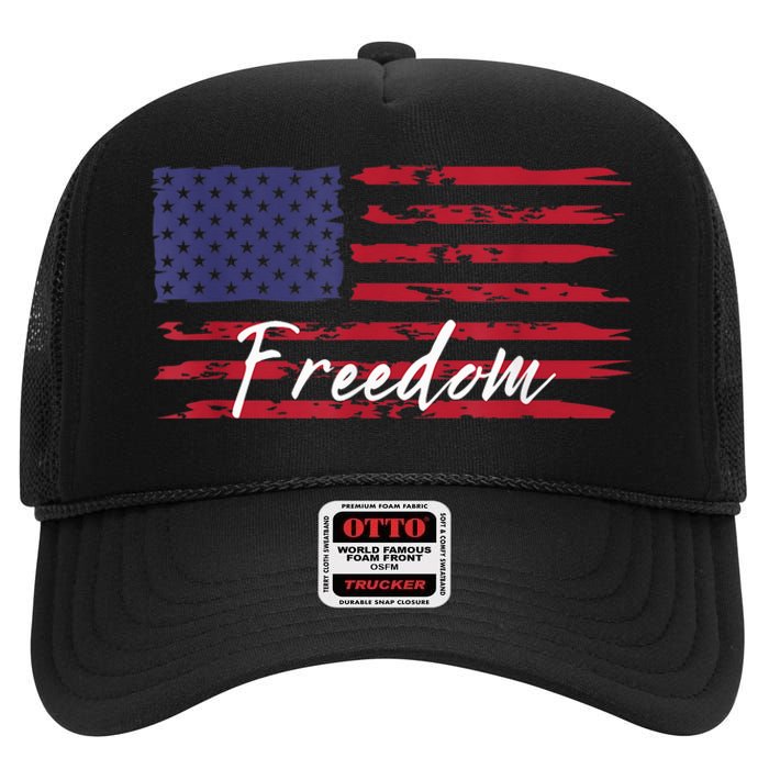 Red White Blue Freedom America USA Flag High Crown Mesh Back Trucker Hat