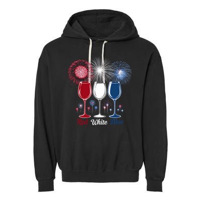 Red Wine & Blue 4th Of July Wine Glasses Firework Patriotic Garment-Dyed Fleece Hoodie