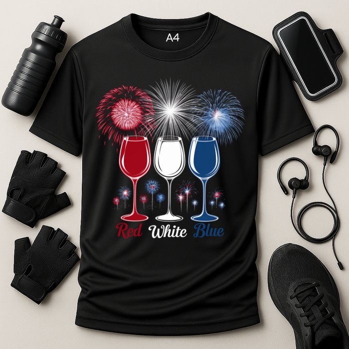 Red Wine & Blue 4th Of July Wine Glasses Firework Patriotic Cooling Performance Crew T-Shirt