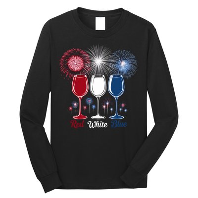 Red Wine & Blue 4th Of July Wine Glasses Firework Patriotic Long Sleeve Shirt