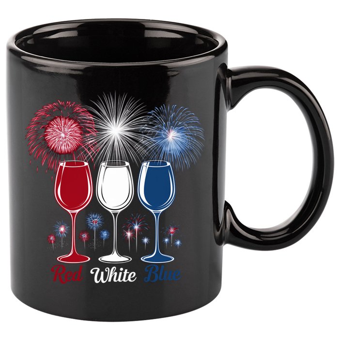 Red Wine & Blue 4th Of July Wine Glasses Firework Patriotic 11oz C Handle Ceramic Mug