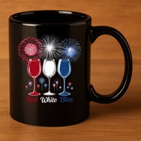 Red Wine & Blue 4th Of July Wine Glasses Firework Patriotic 11oz C Handle Ceramic Mug
