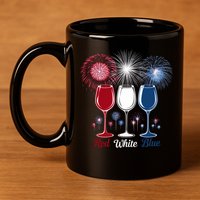 Red Wine & Blue 4th Of July Wine Glasses Firework Patriotic 11oz C Handle Ceramic Mug