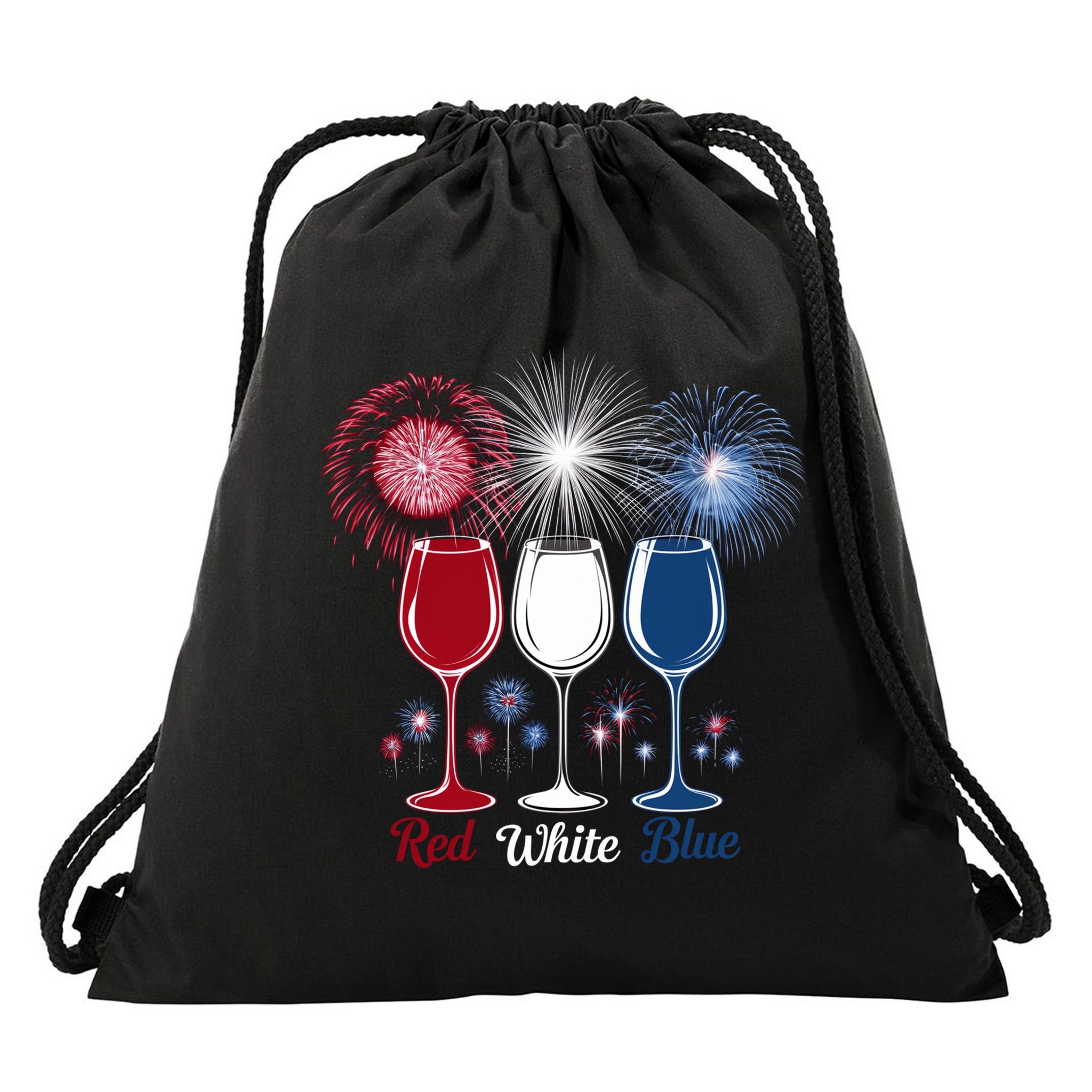 Red Wine & Blue 4th Of July Wine Glasses Firework Patriotic Drawstring Bag