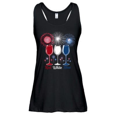 Red Wine & Blue 4th Of July Wine Glasses Firework Patriotic Ladies Essential Flowy Tank