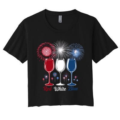 Red Wine & Blue 4th Of July Wine Glasses Firework Patriotic Crop Top