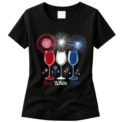 Red Wine & Blue 4th Of July Wine Glasses Firework Patriotic Womens T-Shirt