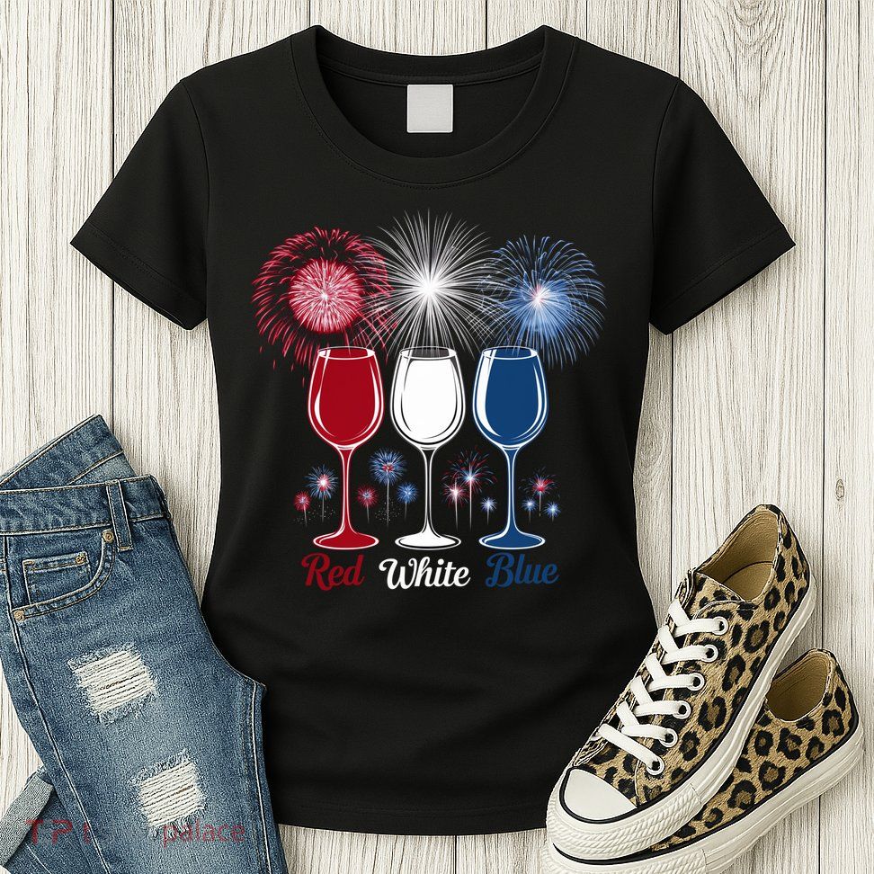 Red Wine & Blue 4th Of July Wine Glasses Firework Patriotic Womens T-Shirt