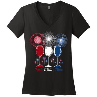 Red Wine & Blue 4th Of July Wine Glasses Firework Patriotic Women's V-Neck T-Shirt