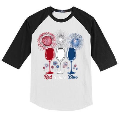 Red Wine & Blue 4th Of July Wine Glasses Firework Patriotic Kids Colorblock Raglan Jersey