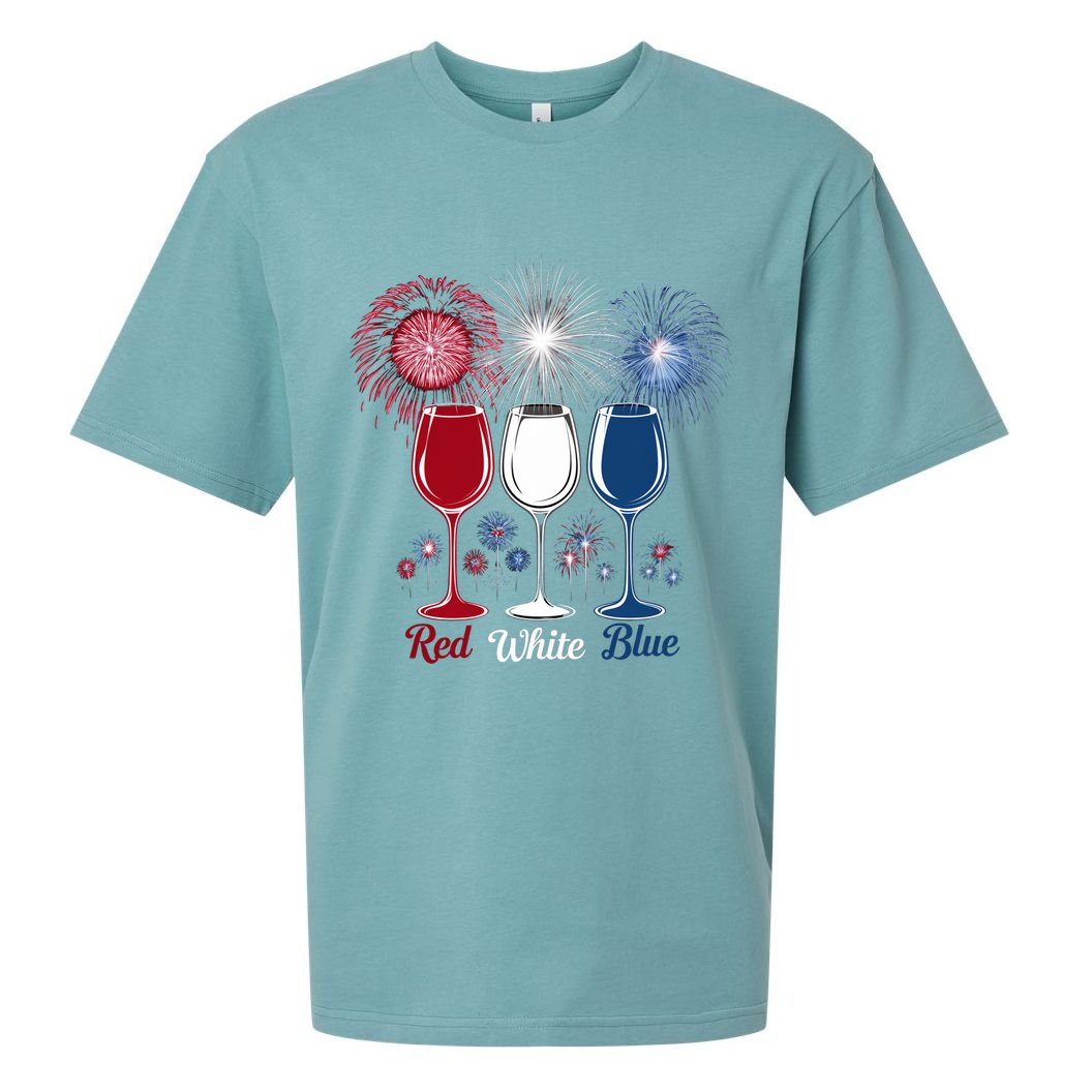 Red Wine & Blue 4th Of July Wine Glasses Firework Patriotic Sueded Cloud Jersey T-Shirt