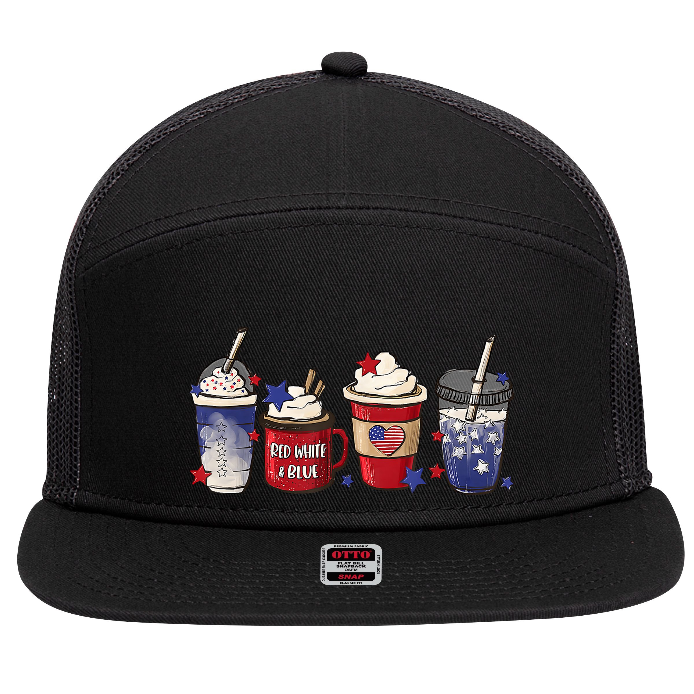 Red White Blue Latte Ice Coffee USA 4th Of July Patriotic 7 Panel Mesh Trucker Snapback Hat