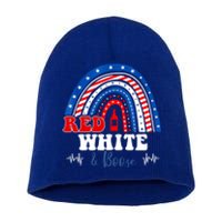 Red White Booze And Blessed Rainbow Usa Patriotic 4th Of July Gift Short Acrylic Beanie