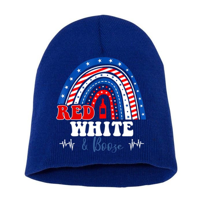 Red White Booze And Blessed Rainbow Usa Patriotic 4th Of July Gift Short Acrylic Beanie