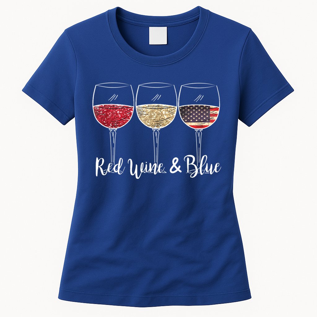 Red Wine & Blue 4th Of July Wine Red White Blue Wine Glasses Womens T-Shirt