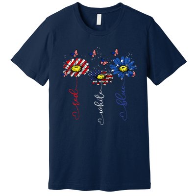 Red White Blue Daisy Butterfly USA Flag Funny 4th Of July Premium T-Shirt