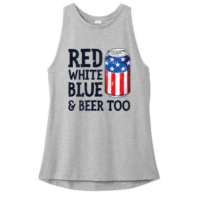 Red White Blue And Beer Too 4th Of July Drinking Ladies PosiCharge Tri-Blend Wicking Tank