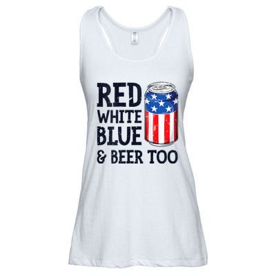 Red White Blue And Beer Too 4th Of July Drinking Ladies Essential Flowy Tank