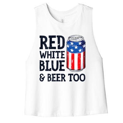 Red White Blue And Beer Too 4th Of July Drinking Women's Racerback Cropped Tank