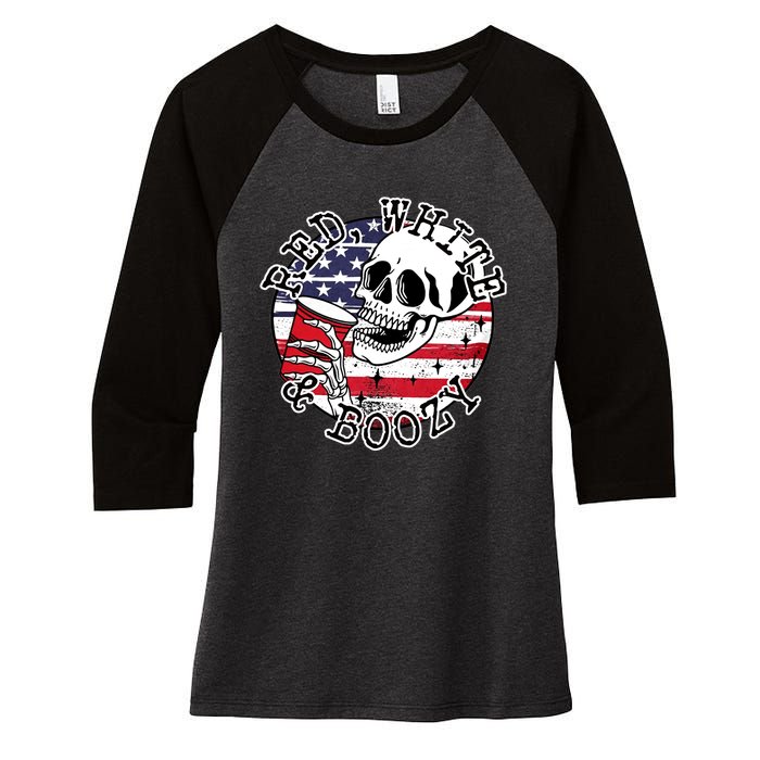 Red White & Boozy Skull Summer Funny Drinking 4th Of July Women's Tri-Blend 3/4-Sleeve Raglan Shirt