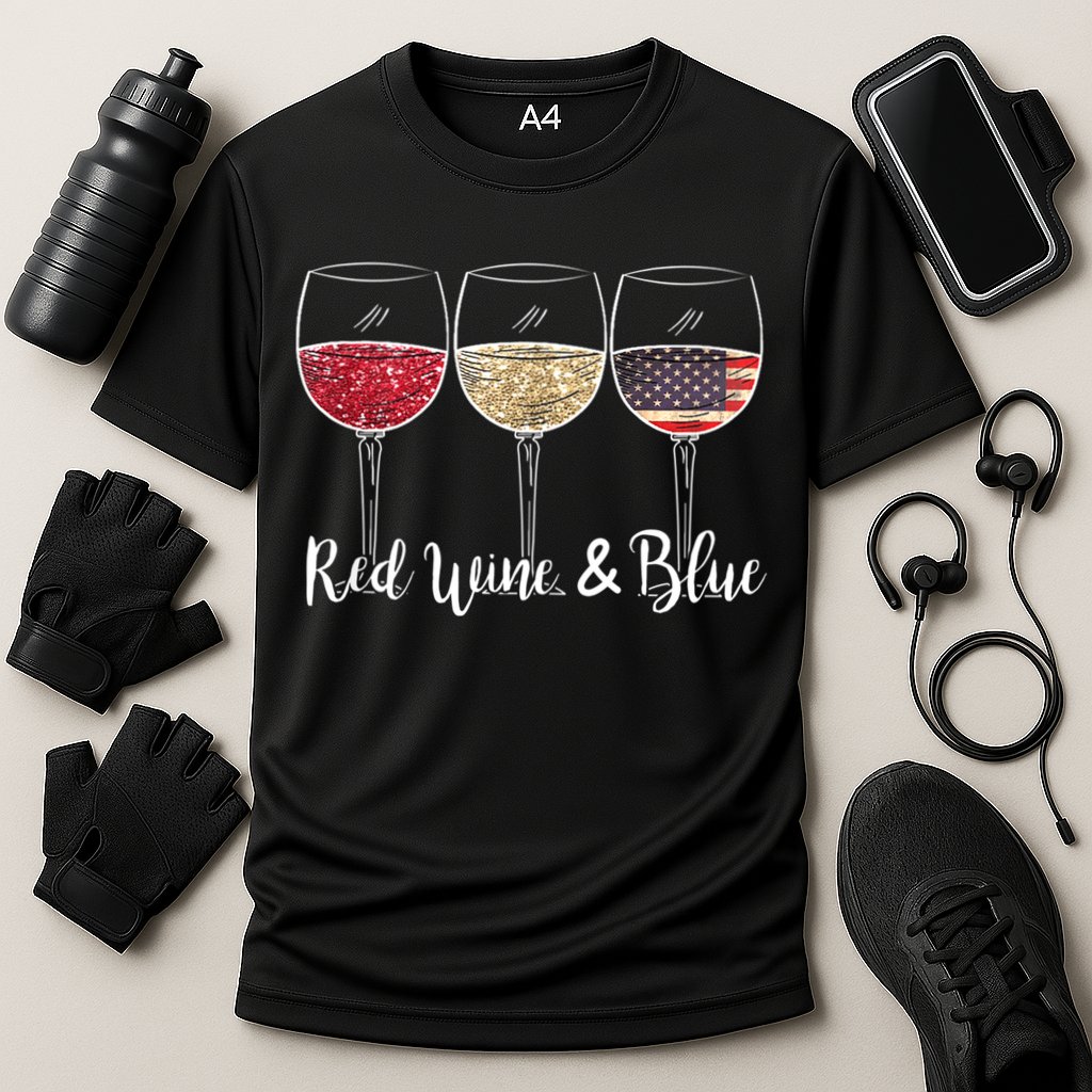 Red Wine & Blue 4th Of July Wine Red White Blue Wine Glasses Cooling Performance Crew T-Shirt
