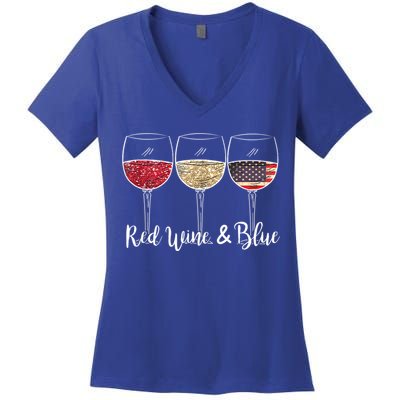 Red Wine & Blue 4th Of July Wine Red White Blue Wine Glasses Women's V-Neck T-Shirt