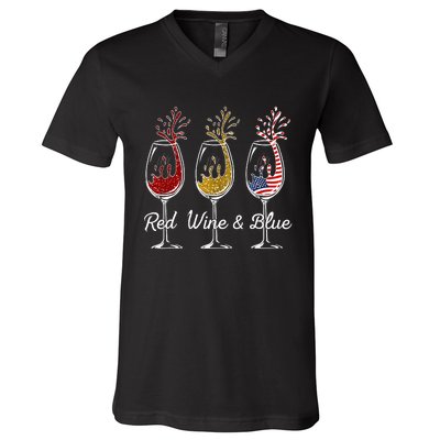 Red Wine & Blue 4th Of July Wine Red White Blue Wine Glasses V-Neck T-Shirt