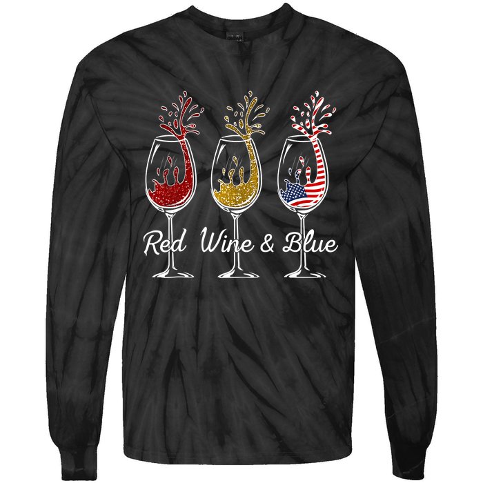 Red Wine & Blue 4th Of July Wine Red White Blue Wine Glasses Tie-Dye Long Sleeve Shirt