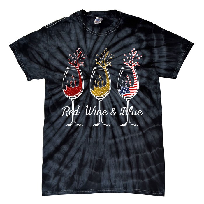 Red Wine & Blue 4th Of July Wine Red White Blue Wine Glasses Tie-Dye T-Shirt