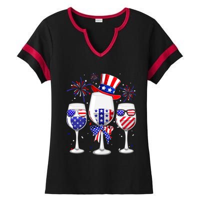 Red White Blue Wine Glasses American Flag Happy 4th Of July Ladies Halftime Notch Neck Tee