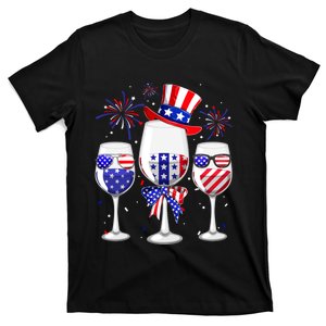 Red White Blue Wine Glasses American Flag Happy 4th Of July T-Shirt